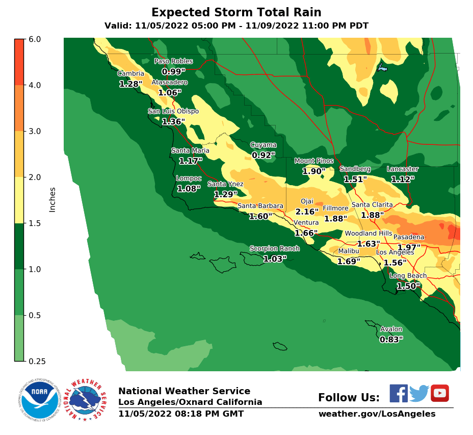 Our storm is still on track to bring rain and snow to #SoCal late Sun thru Wed. - 1-3 inches of rain with local amounts in excess of 4 inches - 6-12 inches snow above 6000 ft with local amounts up to 20 inches. Prepare for slick roads and wintry travel in the mountains. #CAwx