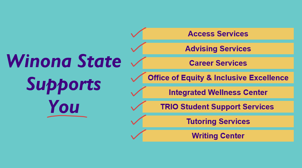 We want all students to achieve a happy and healthy life at <a href="/winonastateu/">Winona State University</a>. That’s why support for academic success, career readiness, wellness and mental health are some of our top priorities.

Check out how WSU supports you at winona.edu/campus-life/he…