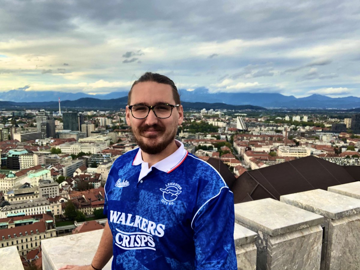 ChrisJSharm's tweet photo. The token football jersey photo. I usually take the most recent @LCFC shirt with me when I go away; this one is from the year I was born. 😱 #Ljubljana was far too cold to walk around like this all day, it was even colder at the top of the tower at #LjubljanaCastle. https://t.co/LoeFDe6e1D