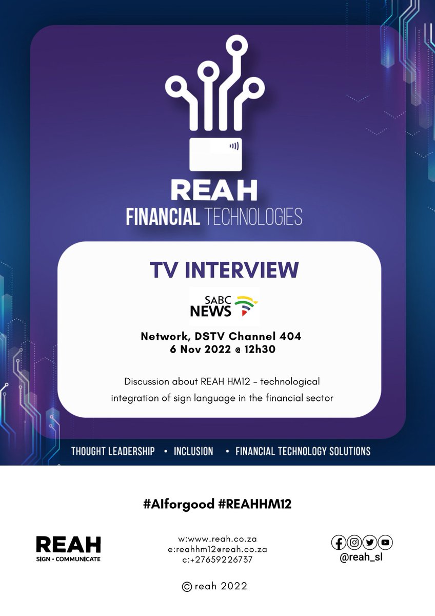 wonderin's tweet photo. 🌐 In a world that is speedily embracing digitalization in multiple sectors, how do businesses ensure inclusion and accessibility for all? 

👉🏾 WATCH 📺 @SABCNews, Network, DSTV channel 404, 06 Nov 2022 12H30.

#AIForGood #fintech #inclusion #signlanguage #REAH
 
#REAHHM12 https://t.co/HCwyhEganq