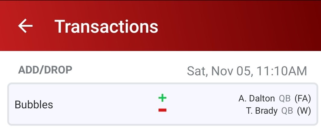 LOGICAL__ONE's tweet photo. Damn, someone in my fantasy league dropped Brady vs the Rams and subbed in Dalton vs. the Ravens. https://t.co/0pGNq6vq8U