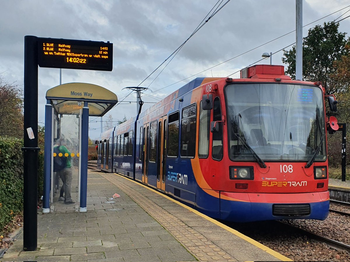 JamesTGlossop's tweet photo. Stagecoach Supertram 108 seen leaving Moss Way with a Blue Route service to Halfway. (31/10/2022) #MossWay #Sheffield #Supertram #SouthYorkshire @JedKendray @303032T https://t.co/uWfDw0SX1u