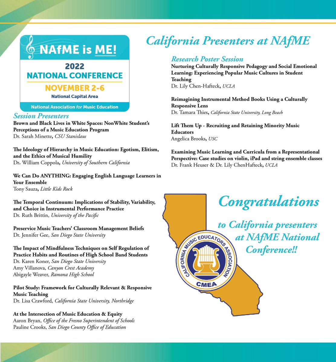 Congratulations to the @CMEA_CalMusicEd presenters sharing at the @NAfME #NAfME2022 conference! #musiceducation