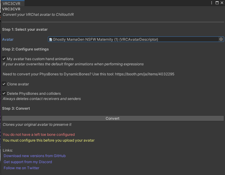 I need help!
I am trying to upload my VRChat avatar to ChilloutVR but I cant get it done. When I get to the step of uploading my avatar it comes up with an error. I tried to figurer out the problem but no dice.
Could someone help me out with this problem.
Cheers!