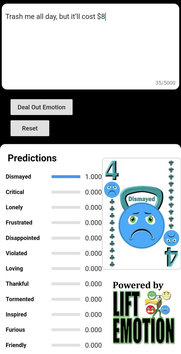 AFFECTxAI's tweet image. A natural language processing app predicts the expressed emotion in latest @elonmusk tweet.

#NLP #NLProc #App #EmotionAI  #Deeplearning #Machinelearning #Sentiment  #Neuroscience #Data #Tech