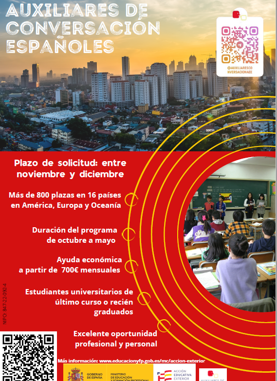 Próximamente se abrirá el plazo para presentar solicitudes al Programa de Auxiliares de conversación españoles en el extranjero para el curso 2023-2024.
educacionyfp.gob.es/servicios-al-c…