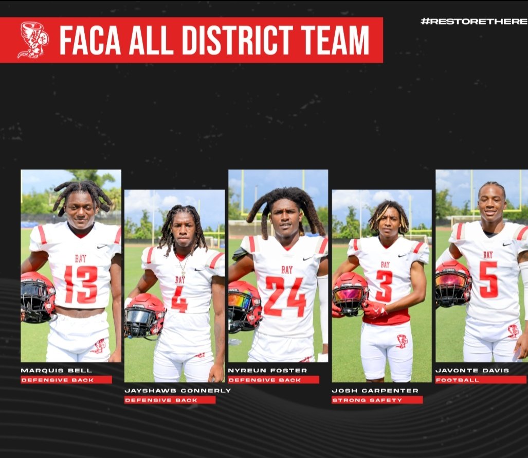 BayHighFball959's tweet photo. With the Regular Season coming to an end last night, we would like to say congratulations to our Tornadoes who made the the FACA District 2 Defensive Team... #RestoreTheRed https://t.co/4qIX6cHnpF