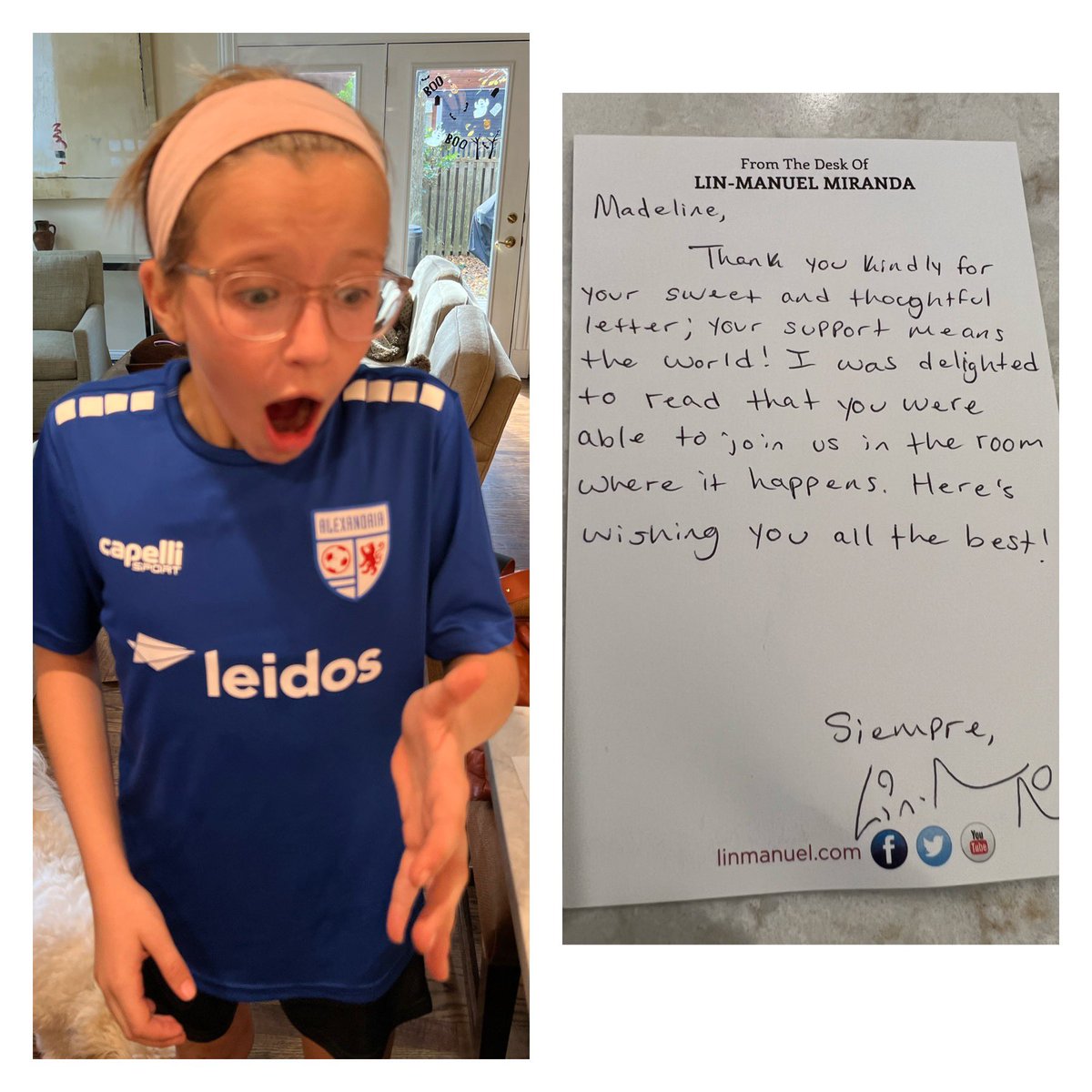 DRHoover's tweet photo. When the creator of your favorite broadway musical responds to your letter! She’s over the moon — thank you @Lin_Manuel!! https://t.co/Tka5qiGmML