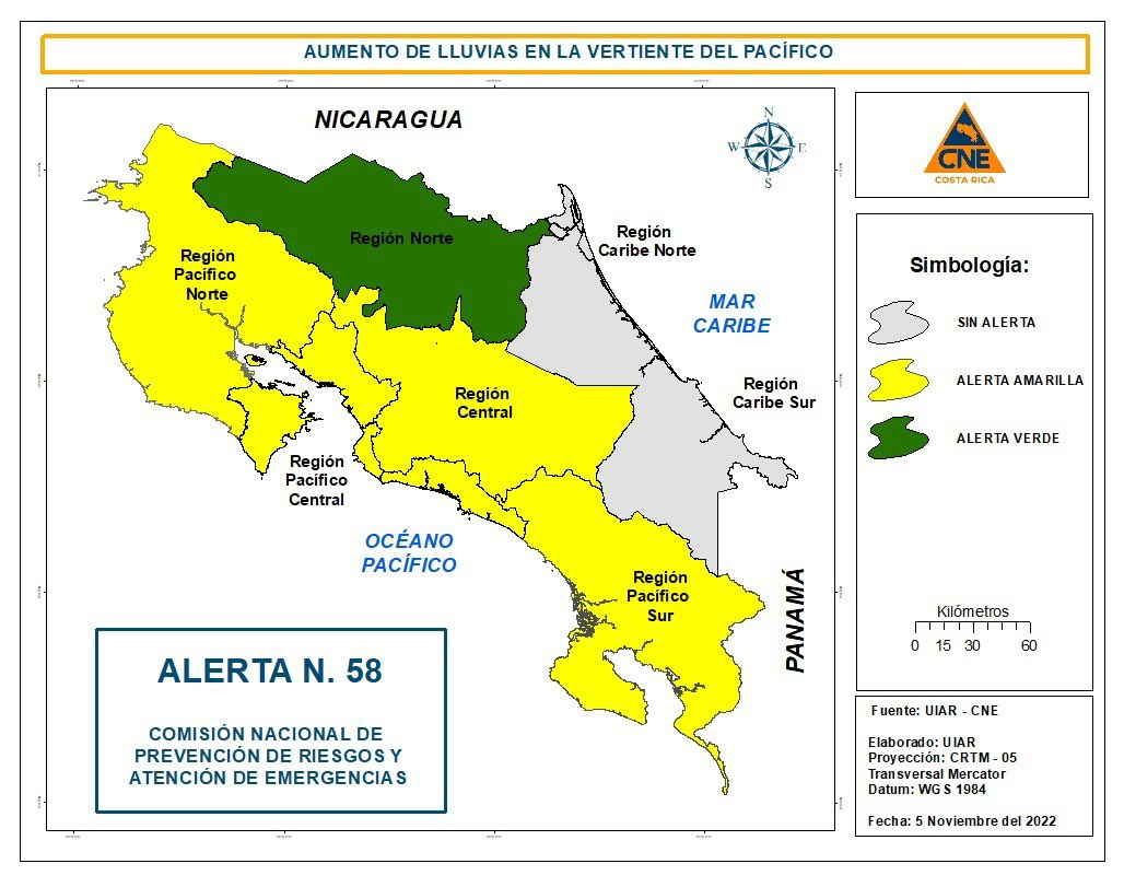 CNECostaRica's tweet photo. La CNE eleva a alerta amarilla la Vertiente del Pacífico y el Valle Central y alerta verde la Zona Norte, debido a que el @IMNCR señala que la cercanía de la Zona de Convergencia Intertropical y un sistema de baja presión favorecerá lluvias en los próximos días.
#precaucion https://t.co/IMY056VBZM