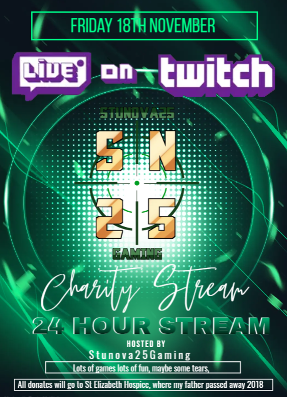 People remember to mark your diaries, 18th!!! 24 hours

all live on <a href="/twitch/">Twitch</a> 

all money raised is going to <a href="/StElizabethHosp/">stelizabethhosp</a> 

come drop a follow and be ready for when we go live!! 

twitch.tv/stunova25gaming

#twitch #streamer #fundrasier