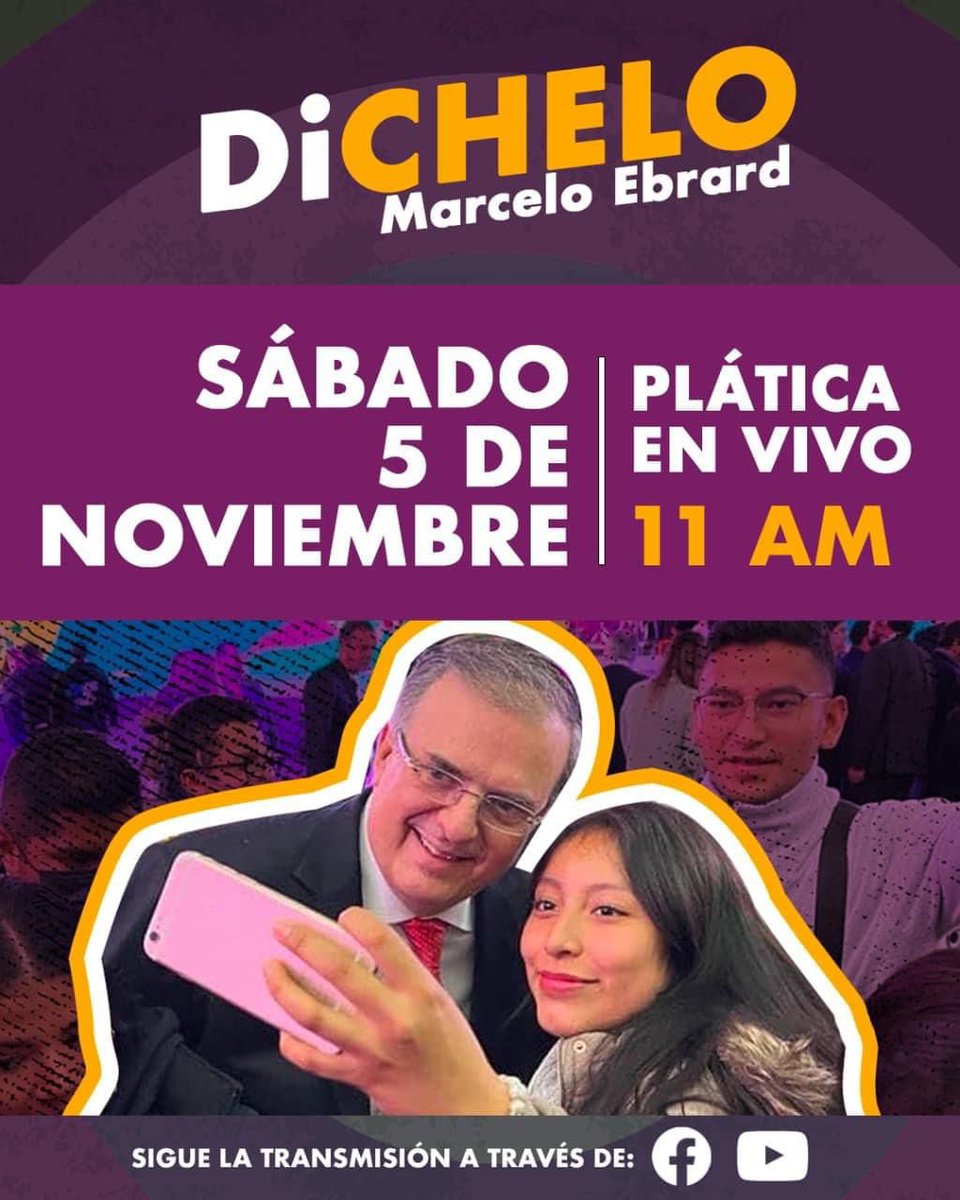 Hoy, a las 11:00 no te pierdas el dinámico programa #DiChelo en el que participará el Canciller Marcelo Ebrard

Únete a la dinámica a través de los siguientes enlaces: 

facebook.com/MarceloEbrardC

youtube.com/channel/UCutlJ…