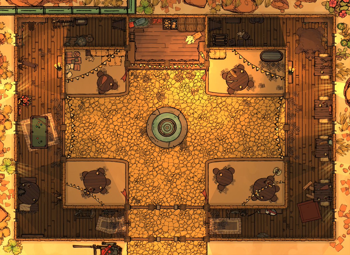 Should probably post a map soon, right? Here's the "Spirit of the Sands", an open-air tavern in a bustling desert city. Mind the bartender though, I hear he's a peculiar fellow indeed. 
#ttrpg