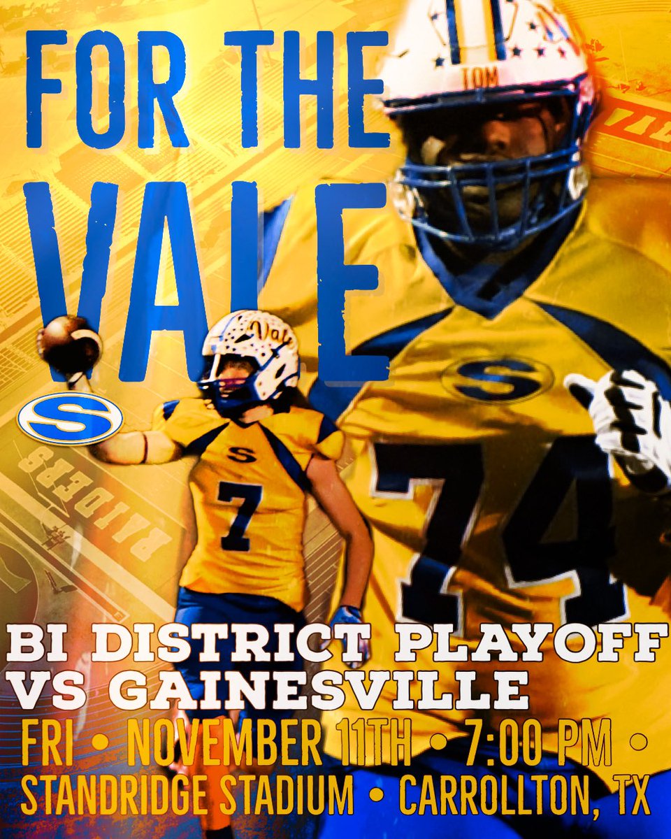 RAIDER FOOTBALL• Bi District Playoff
vs Gainesville
Fri • Nov • 11th • 7:00 PM
Standridge Stadium in Carrollton
Sunnyvale is the visiting team
Ticket details TBA