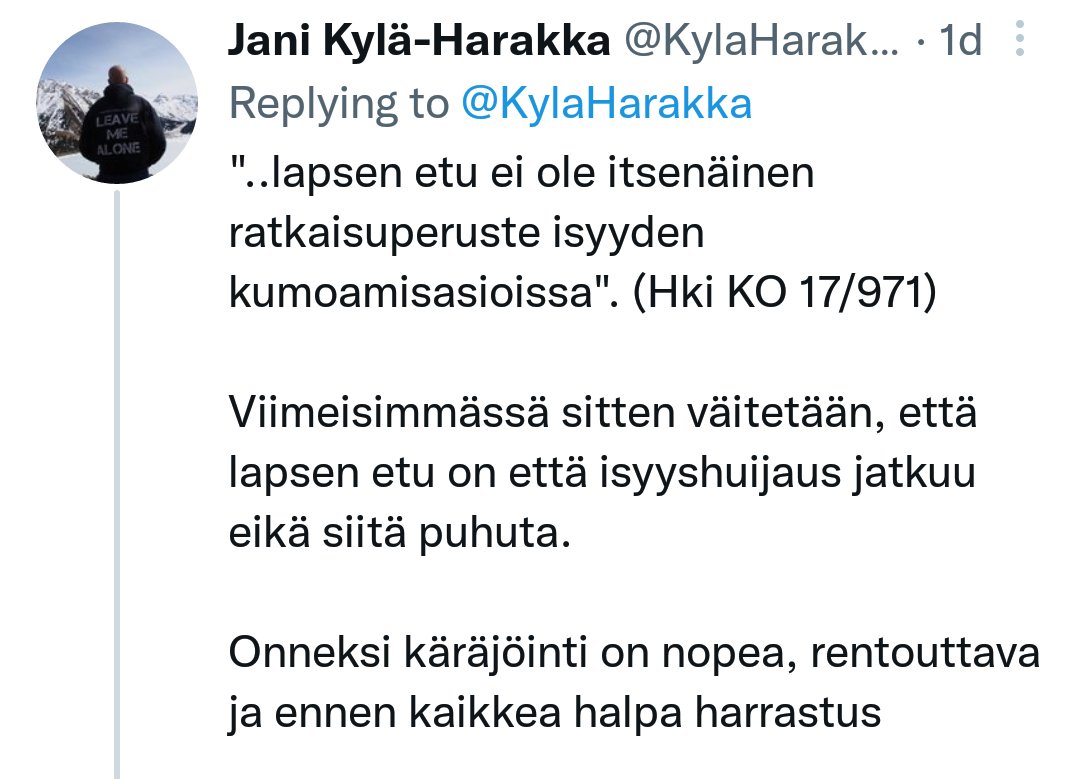 Janilla <a href="/KylaHarakka/">Jani Kylä-Harakka</a> on ikävä, mutta tärkeä harrastus - lapsen oikeudet.

Viime aikaisten tapahtumien johdosta Janin ystävät päättivät käynnistää pienkeräyksen oikeustaistelun tukemiseksi. Osallistu, jos koet tärkeäksi. Kiitos.

Linkki keräykseen ⬇️ docs.google.com/document/d/1dY…