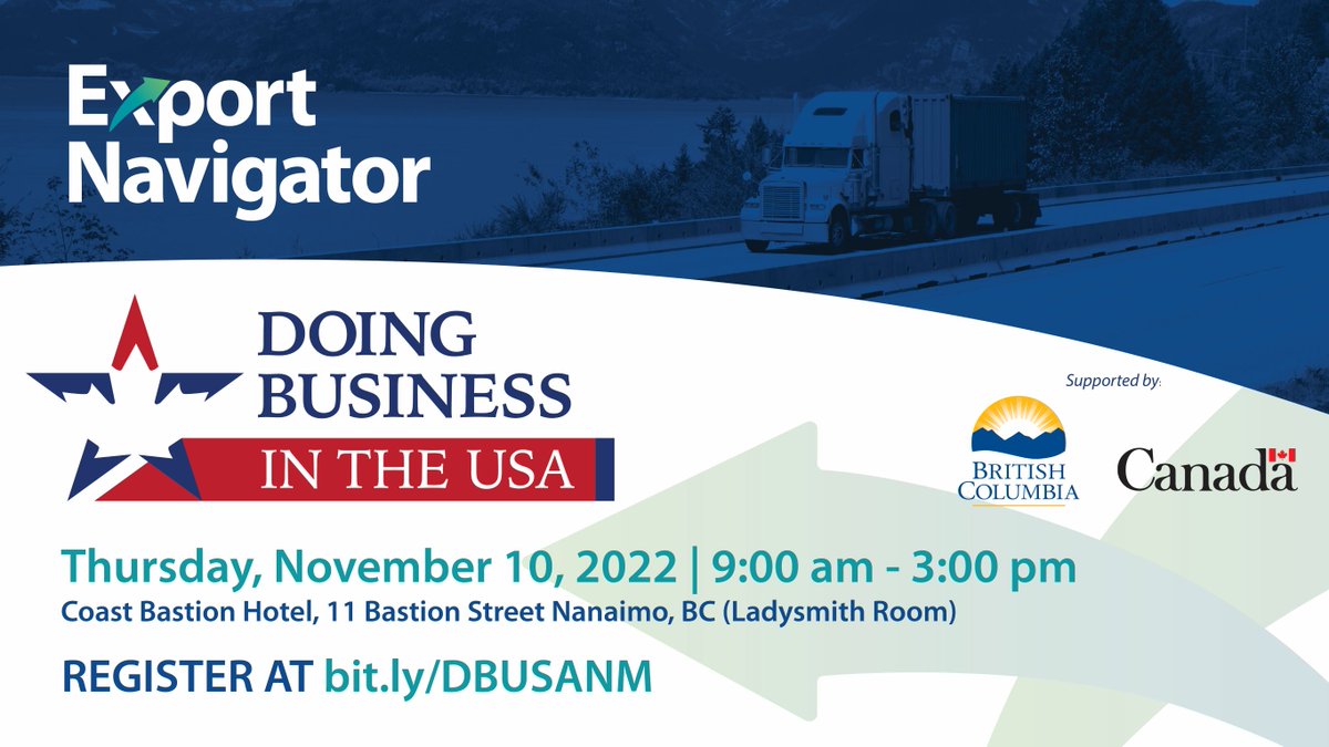 ExportNavBC's tweet photo. Doing Business in the USA is back in #Nanaimo! If you haven’t registered for this free #seminar yet, act fast, as only a few seats are left!
Register now: https://t.co/YLyh3B7kbS
@SmallBusinessBC #ExportNavigator #SmallBusinessBC #Exporting #bcseminar #bcnetworking #DBUSA https://t.co/P3GH7O0Q3C
