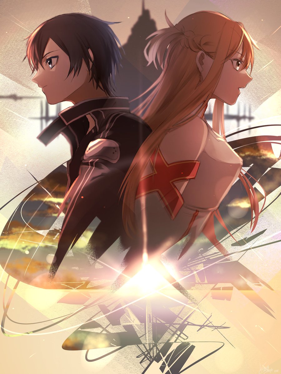 asuna (sao) ,kirito 1girl 1boy long hair back-to-back black hair brown hair black eyes  illustration images