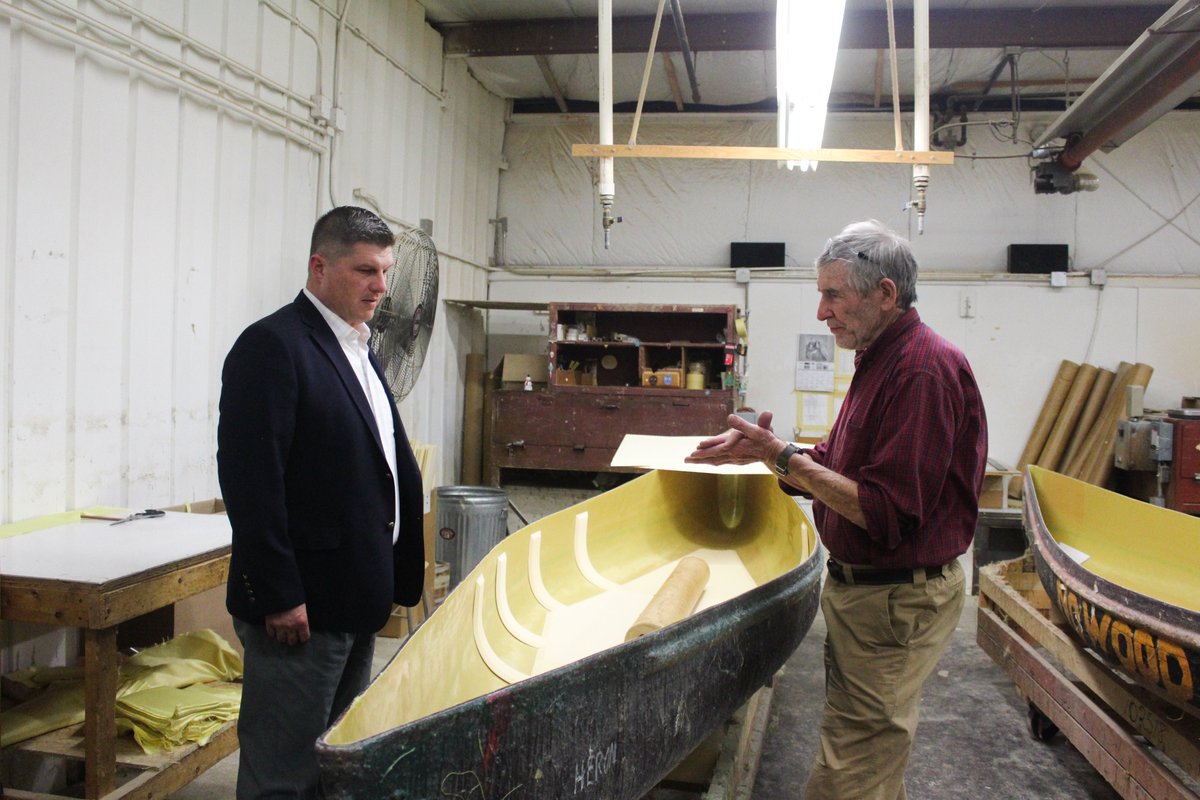 RepFinstad's tweet photo. Canoe believe it?? 🛶 For 55 years, @WenonahCanoe has been right here in our own backyard. Thanks to Mike and his staff for a look inside their operation this week. Proud of our #MN01 manufacturers! #GrabAPaddle #MadeinMN https://t.co/lWemOWMwZc