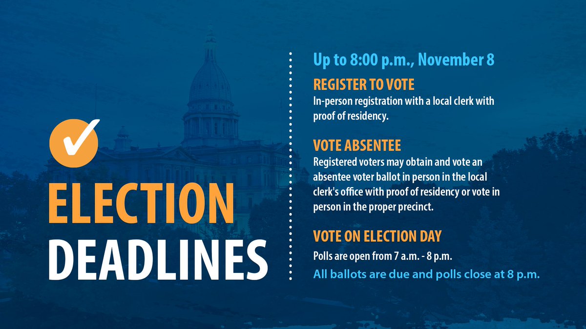 Want to make a plan to vote in this year’s election? You can find your clerk’s office, ballot drop box, or polling place for Tuesday, November 8 at Michigan.gov/Vote.