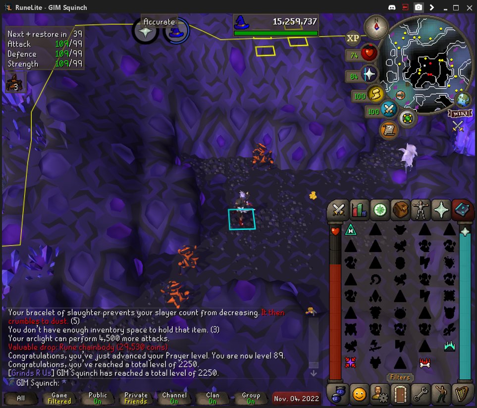 SirSquinch's tweet photo. 2250 total on GIM Squinch! I can taste it. #Dynamic_Dolo #2mansolo #osrs #gim #maxing https://t.co/LZ1UKiXZqw