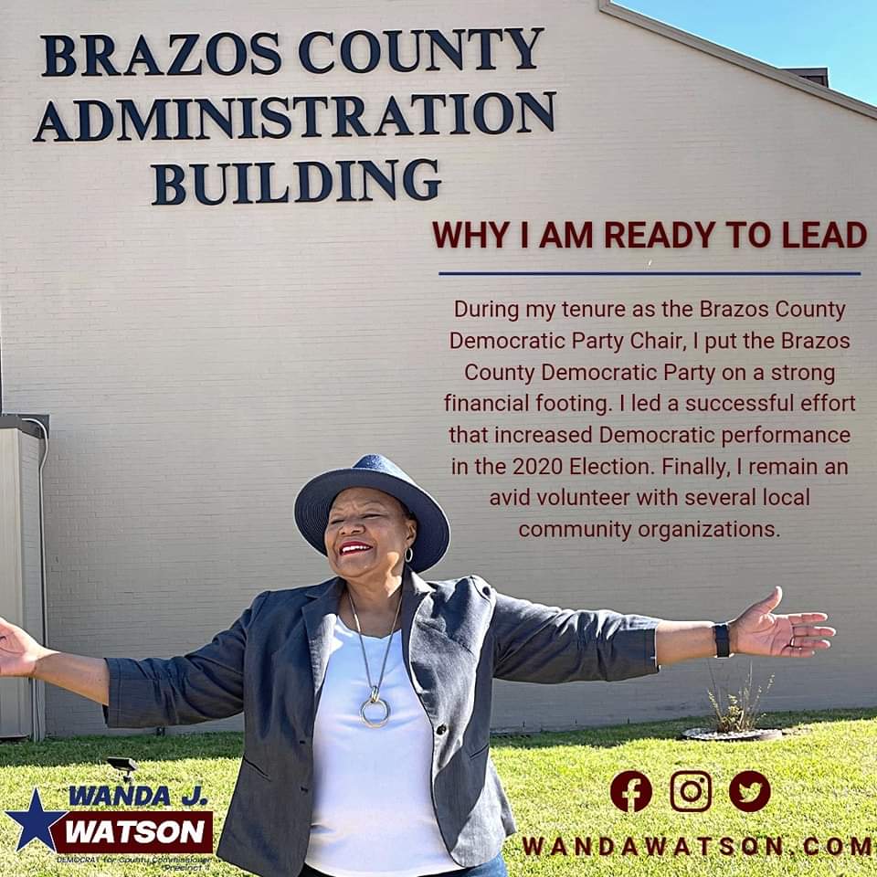 Brazos County has been my home for over 40 years. In my higher education career, lasting over 3 decades, I developed finance & management skills with a niche for service. I will lead our community to engage their local government & improve #BrazosCounty! #votewanda #texasdems