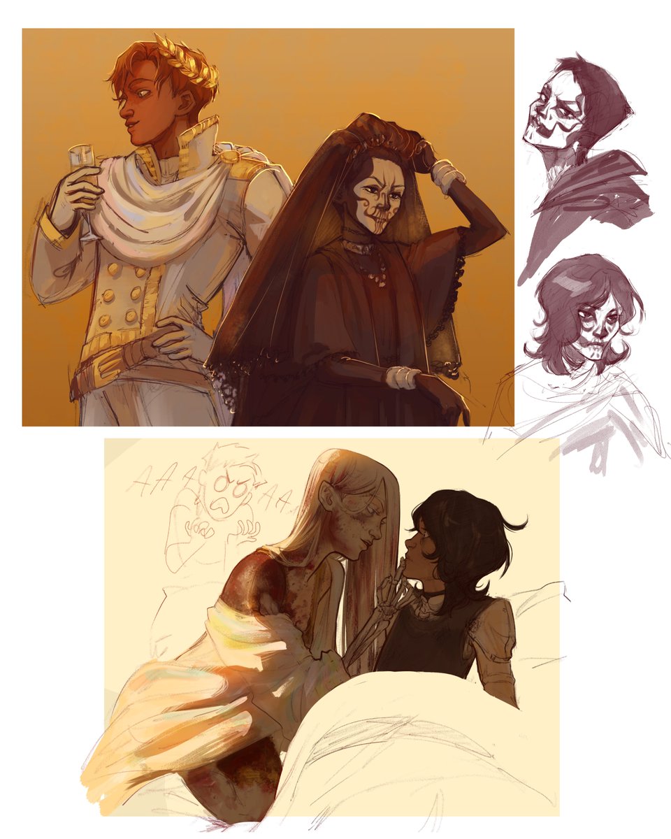 I finally braved the waters of drawing all the Canaan House necro-cav pairs, plus a compilation of some year-old HTN things (I am so unreasonably happy with Harrow's fancy paint) #TheLockedTomb 