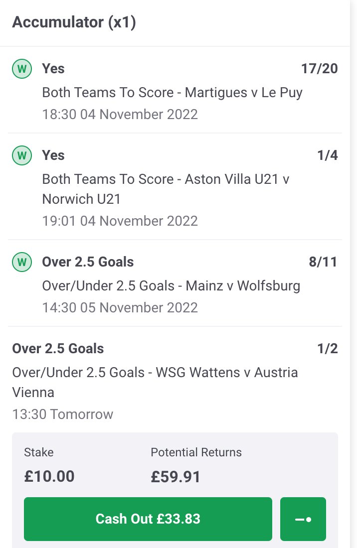 backthisacca's tweet image. Down to tomorrow. 

As a rule of thumb I aim for 3x as I prefer to walk away with something. 

As this is my first bet on here I will be riding it out. 
Never shy of a cashout though, no shame in that.