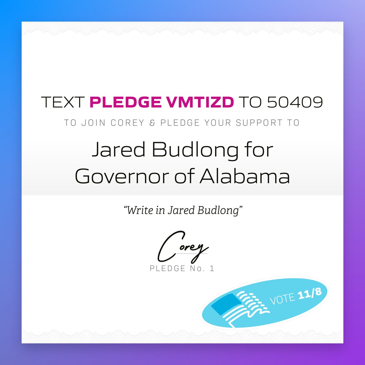 🖋 Corey in Morgan County, Ala. just pledged to support Jared Budlong for Governor of Alabama! 

Tap to pledge your support &amp; get ready to vote: x.com/messages/compo…