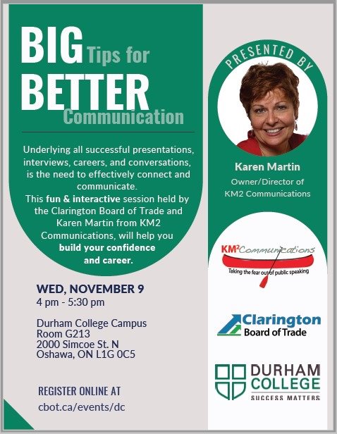 DC_FBUS's tweet photo. Join Karen Martin of KM2 Communications for an interactive workshop this coming Wednesday where you'll get 'Big Tips for Better Communication.'
Registration: https://t.co/m0DL0OsO75
#DCProud #CBOT #durhamcollege #communicationskills https://t.co/C674uxvgXD