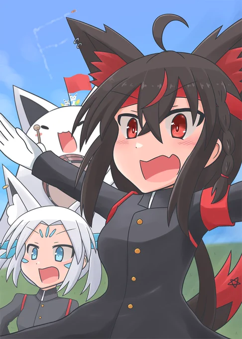 もうすぐ始まる運動会。赤組がんばれ～!という事でクロちゃん率いるすこん部応援団#ホロ赤組   #絵フブキ 