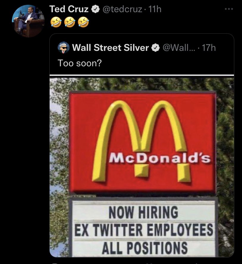 aintscarylarry's tweet photo. Here’s Ted Cruz, a United States congressman, laughing at the thousands of twitter employees who were fired by #MuskRat. The next time republicans try to tell you they care about jobs, remember this. 😡🤬 https://t.co/2U5iP8uqk9