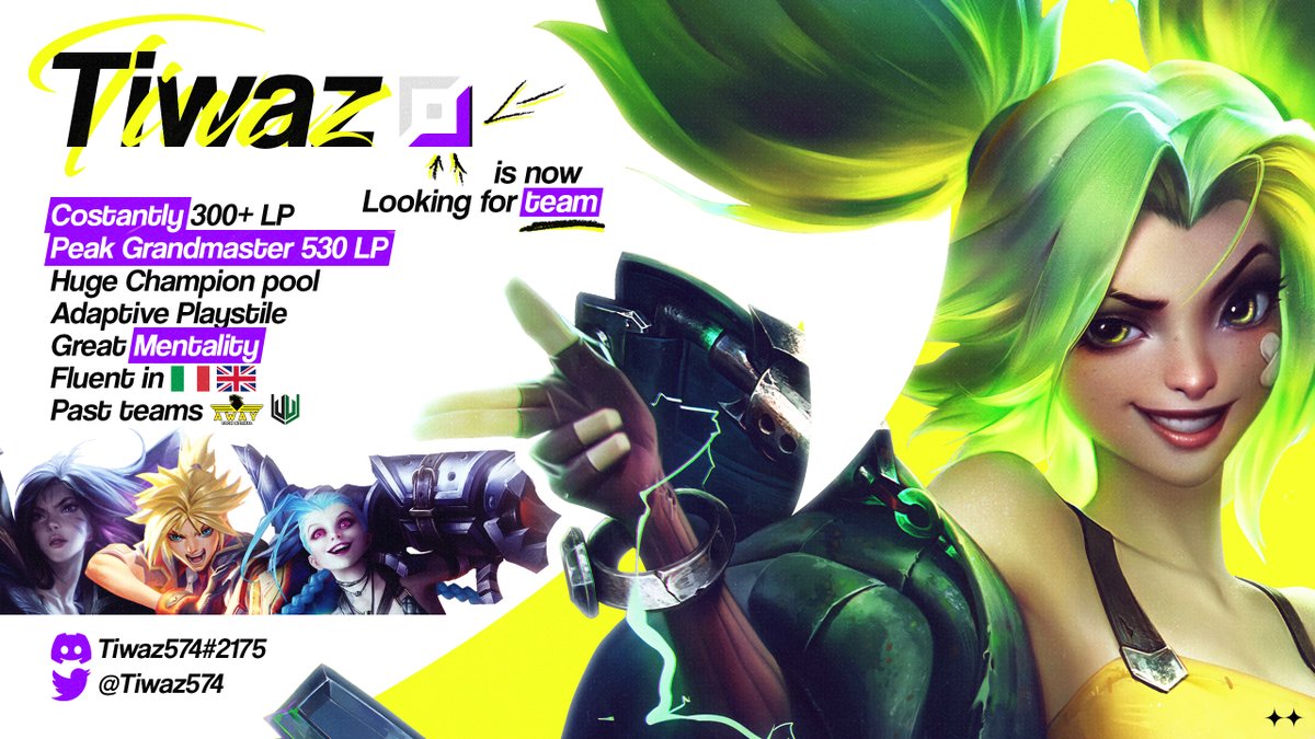 Hello, After the experience with 
<a href="/AFNofficial_/">AFN Esports</a> &amp; <a href="/UwUnderworld/">UnderWorld Esports</a> 
Im LFT preferably ERL/ERL2 Offers.
References: <a href="/Dagon_LoL/">Marco "Dagon" Lisotta</a>  &amp; <a href="/TonyG_lol/">Tony G</a> 
❤️&amp;🔃 Are appreciated
Lolpedia: lol.fandom.com/wiki/Tiwaz