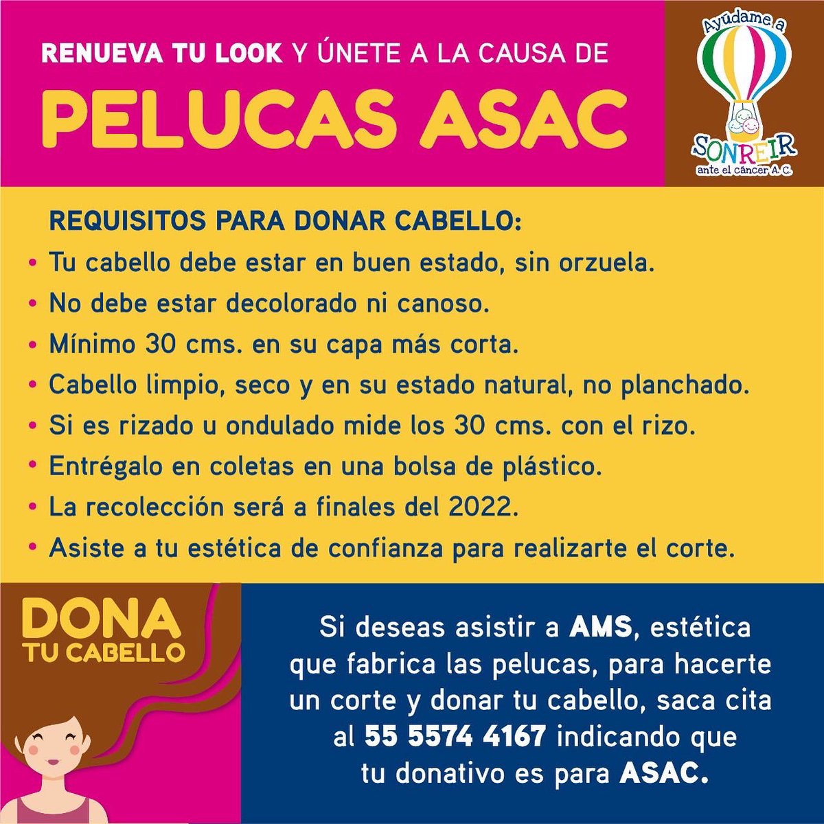 AyudameaSonreir's tweet photo. ¡INICIA LA CAMPAÑA DE DONACIÓN DE CABELLO PARA LAS #pelucasASAC!
Te esperamos en Portal Vallejo de 12:00 a 2:00 pm, el 9 y 23 de noviembre, y cerramos el 7 de diciembre.
¡GRACIAS!

#CáncerInfantil #JóvenesConCáncer #acompañamiento #sueñosASAC https://t.co/2v9vFrYTSS