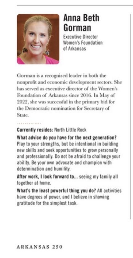 AnnaBethforAR's tweet photo. Humbled to be recognized as one of AR’s most influential leaders by @ArkBusiness! I’ve poured my heart &amp; soul into advancing policies that generate opportunity for all. You can bet I’ll carry this same energy into the Secretary of State’s office if elected this November.￼ #arpx https://t.co/Lb6wM9O75u