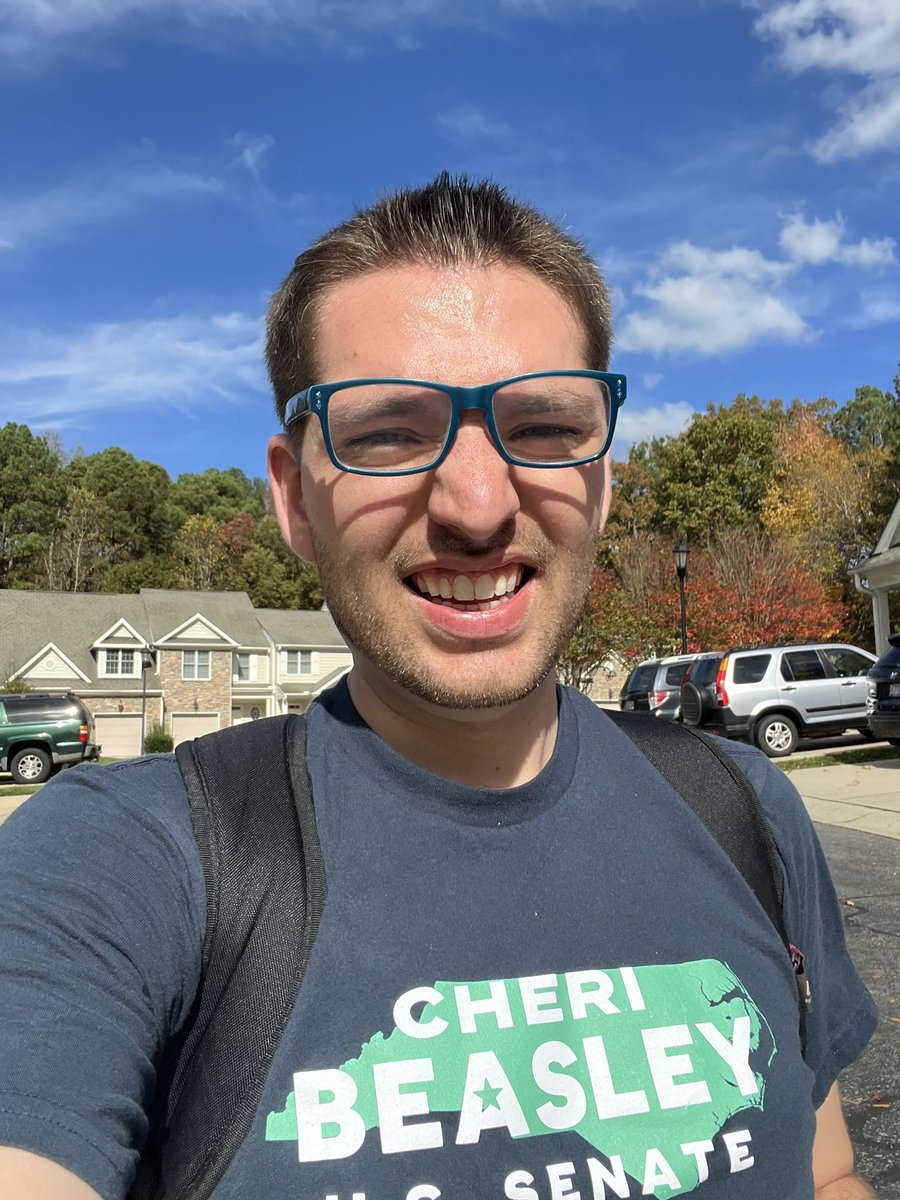 willieboag's tweet photo. It’s toasty out there. Knocking doors to #ElectDems like @CheriBeasleyNC, and its 75 degrees in November! Yikes!
One woman whose door we visited saw we were sweating and gave us each waters! 🥰 https://t.co/51Y3ZS5DCK