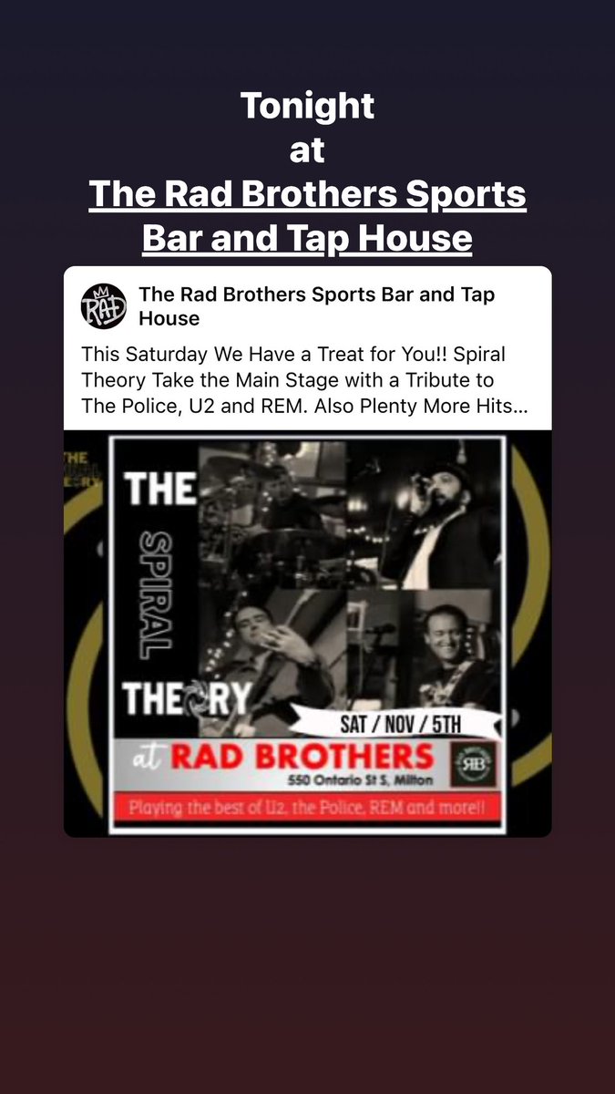 TheSpiralTheory's tweet photo. Tonight’s Music Gig is at The Rad Brothers, Milton, ON. https://t.co/VQFZ8pfRKm