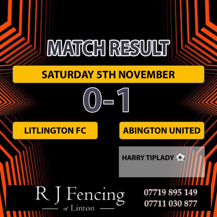 AbingtonFc's tweet photo. FULL TIME! @Litlington_FC 0-1 Abington United! A top team performance from all today to bring the 3 points back to the Riverside! Off the bench to secure the win super @Tippers7_ with a left foot slot wins us the game! https://t.co/K2B746AVKk