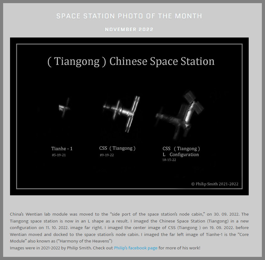I am very "HONORED"  to have learned, by Szabolcs Nagy, from spacestationguys.com has just made my picture, "Picture Of The Month Of Novemer". If you want to learn how you can image the ISS or CSS yourself. His website will show you how.
Kind Regard To ALL