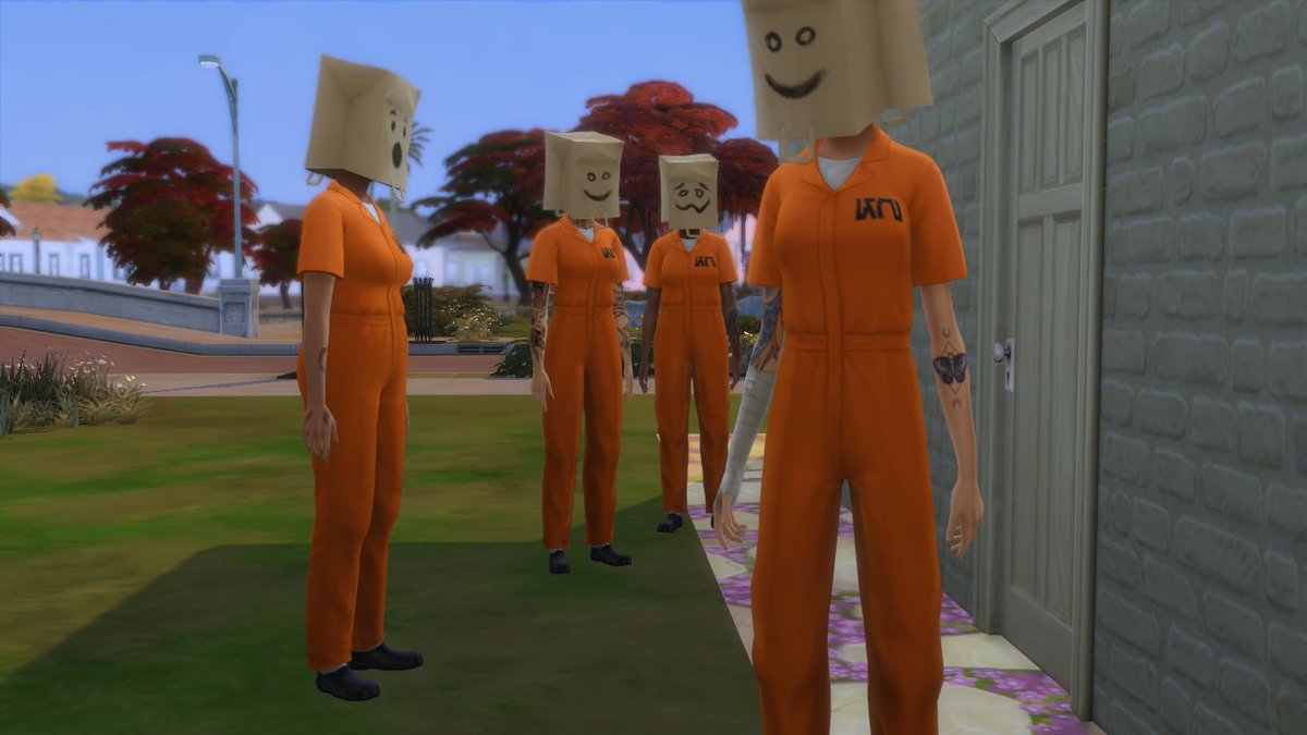 Jenkeball's tweet photo. The Ladies from cell block C have escaped!
They have disguised themselves as the welcome wagon with paper bags over their heads! They ain't fooling anyone with those orange jumpsuits!
Well that's an interesting bug! 😂
#TheSims4 #Sims4 #TheSims #Sims #Sims4Bug #Sims4Glitch https://t.co/Yt9nKOwG24