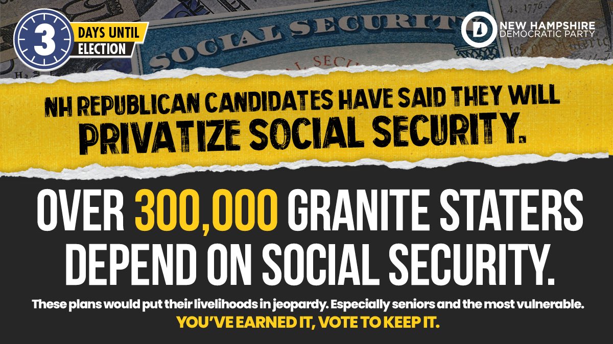 300,000+

That’s how many Granite Staters rely on Social Security, but Republican candidates this year have said they’ll privatize the program, putting New Hampshire lives in the hands of big corporations looking to make a profit. #NHPolitics