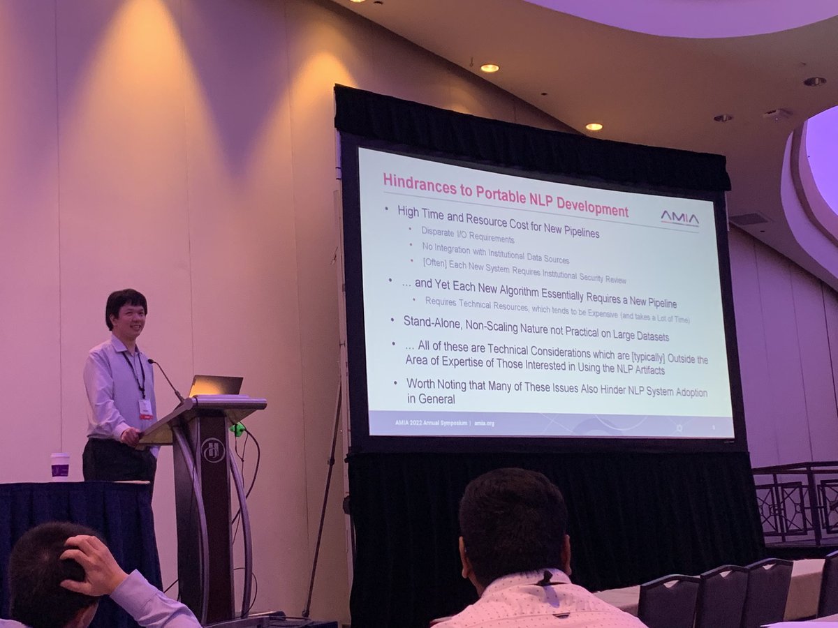 hongfangliu's tweet photo. #AMIA2022 #WS08 Our own Andrew Wen talks about scalable NLP capabilities offered by our OHNLP consortium, aiming to empower scientific rigor multi-site studies at Enterprise Data Warehouse level. https://t.co/clCj3I7pvI