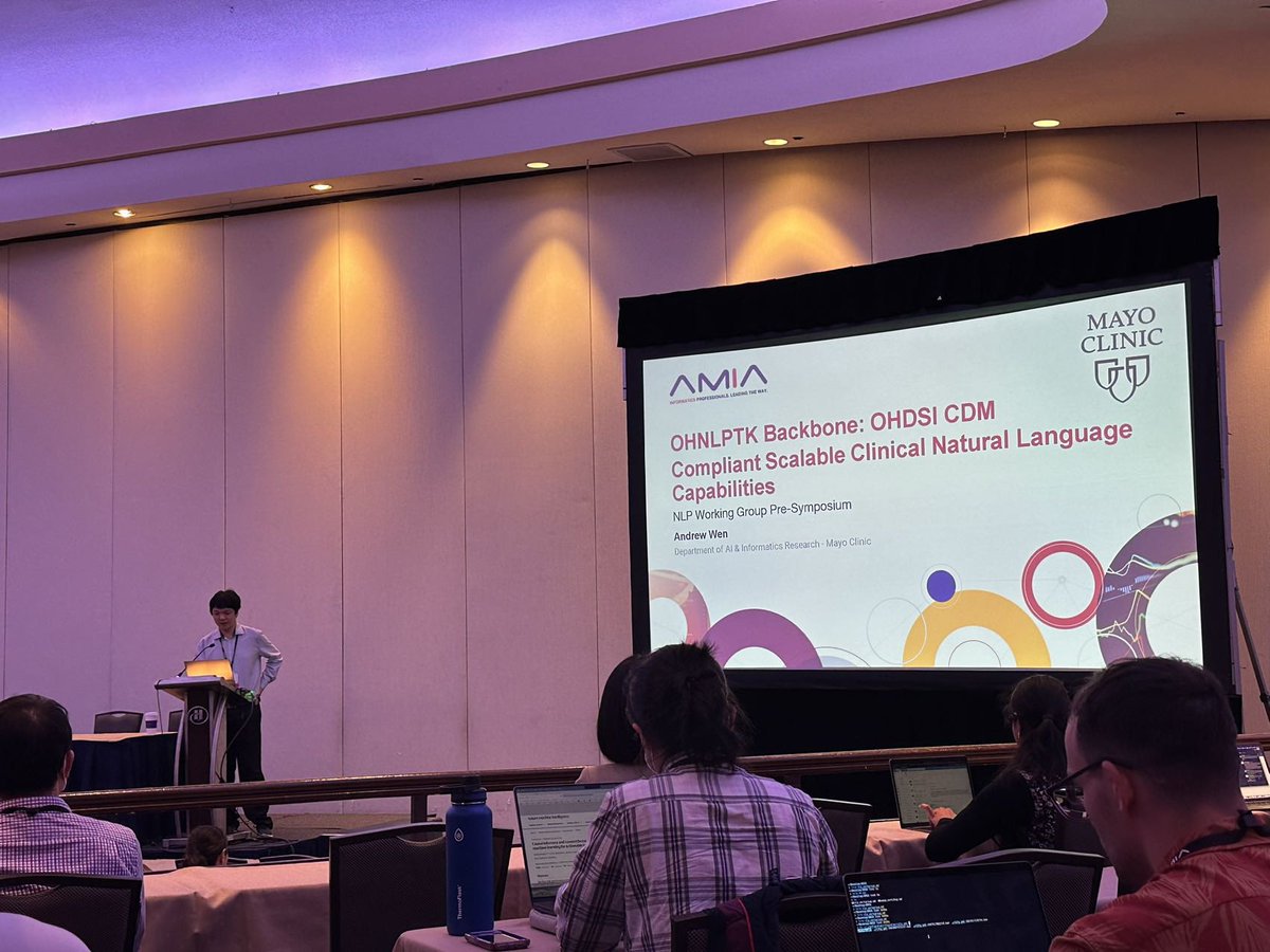 hongfangliu's tweet photo. #AMIA2022 #WS08 Our own Andrew Wen talks about scalable NLP capabilities offered by our OHNLP consortium, aiming to empower scientific rigor multi-site studies at Enterprise Data Warehouse level. https://t.co/clCj3I7pvI
