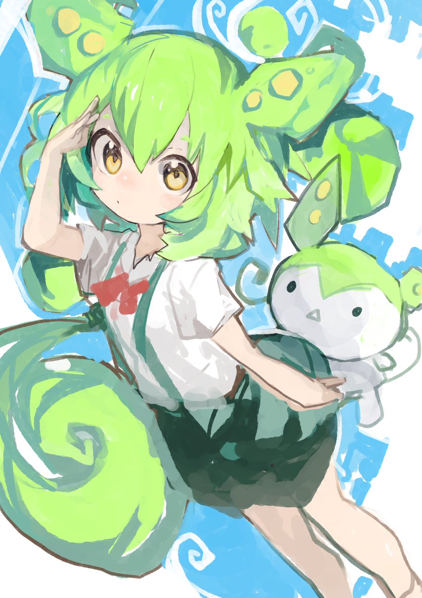 1girl green hair suspenders shirt yellow eyes white shirt short sleeves  illustration images