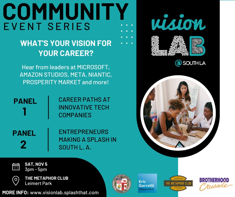 LACity's tweet image. Happening today! The #VisionLab aspires to close the digital divide in #SouthLA. This event will introduce youth and young adults to different tech careers and provide business insights for entrepreneurs. 

Click here to register for the event. eventbrite.com/e/do-you-have-…