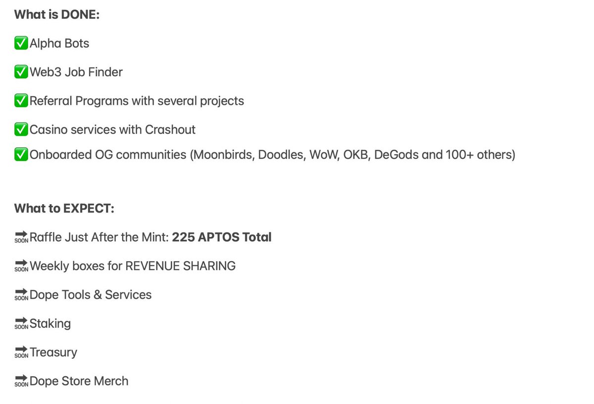 🔔TOMORROW IS THE MINT DAY🔔

We’ve done partnerships with several projects and onboarded several OGs from top communities🦌

We started to build even before launch. Much more will come for DOPEST COMMUNITY on Aptos. 

Stay tuned for tomorrow mint 📣

Here’s Quick Recap 👇