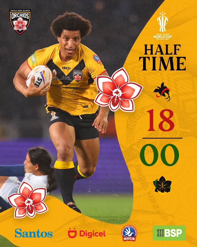 Half time at MKM Stadium, sees our Santos PNG Orchids leading 18 - 0 over Brazil in their second match of the Rugby League World Cup.

#RLWC2021 #YumiPNG #rugbyleague #PNG