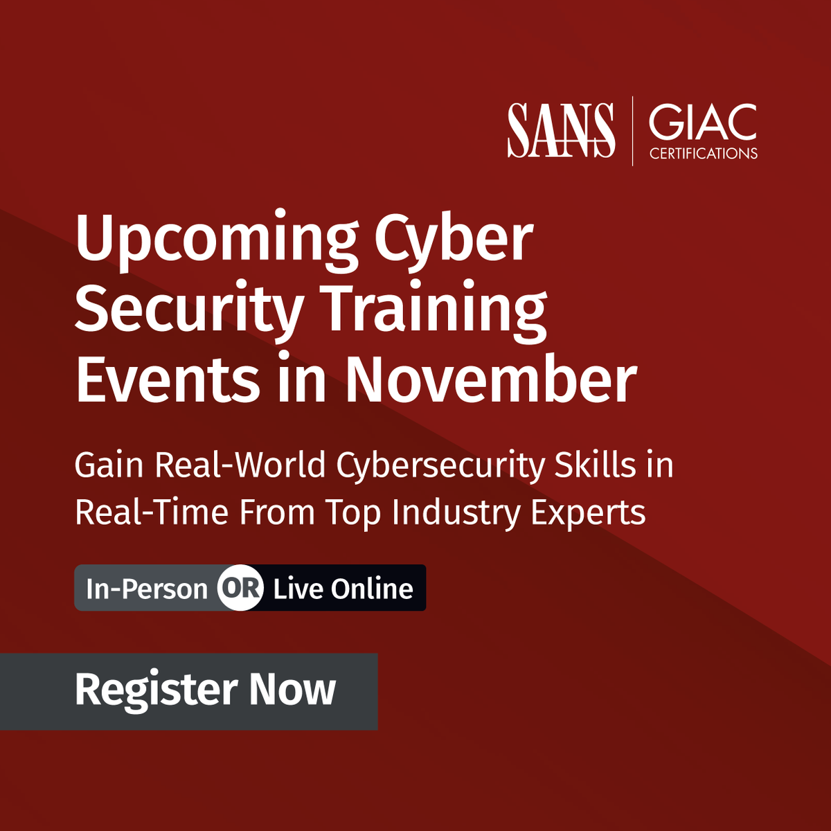 sansforensics's tweet photo. Build practical #CyberSecurity skills through hands-on #SANSTraining events this November:
📌 #SANSStaySharp | Live Online | Nov 29 - Dec 1 | https://t.co/ljU5RJa85T
👀 View All Upcoming #SANSTraining Events: https://t.co/6q9ITXDlJu https://t.co/9qPgDMq6Jm