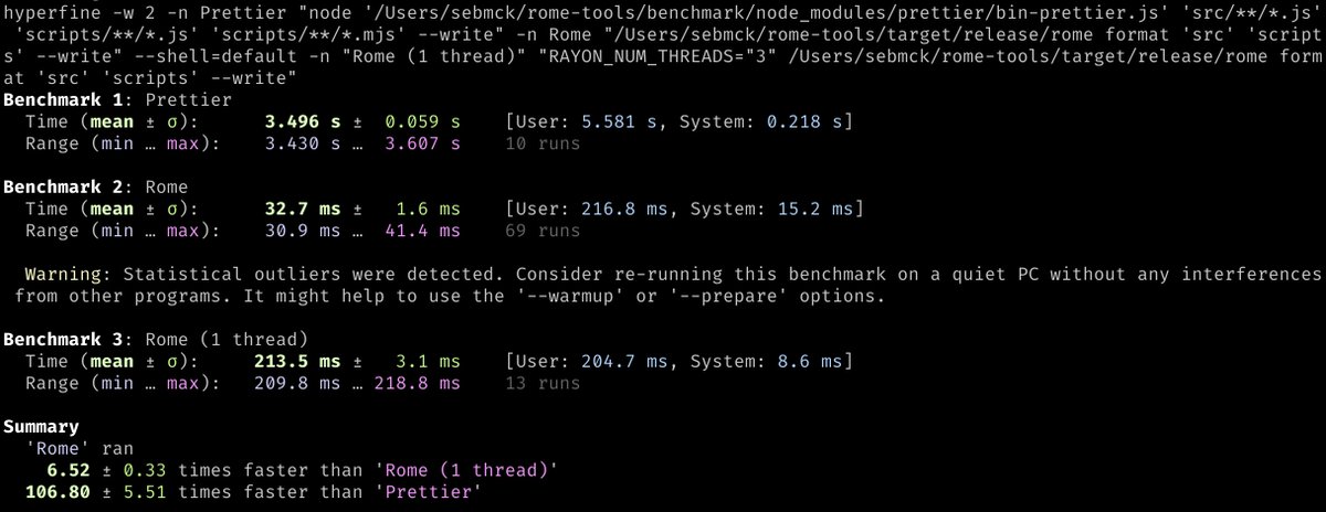 We've been benchmarking <a href="/rometools/">Rome Tools</a> and Prettier performance. Our benchmarks are consistently showing a 100x(!!) improvement, which has been verified as legit.