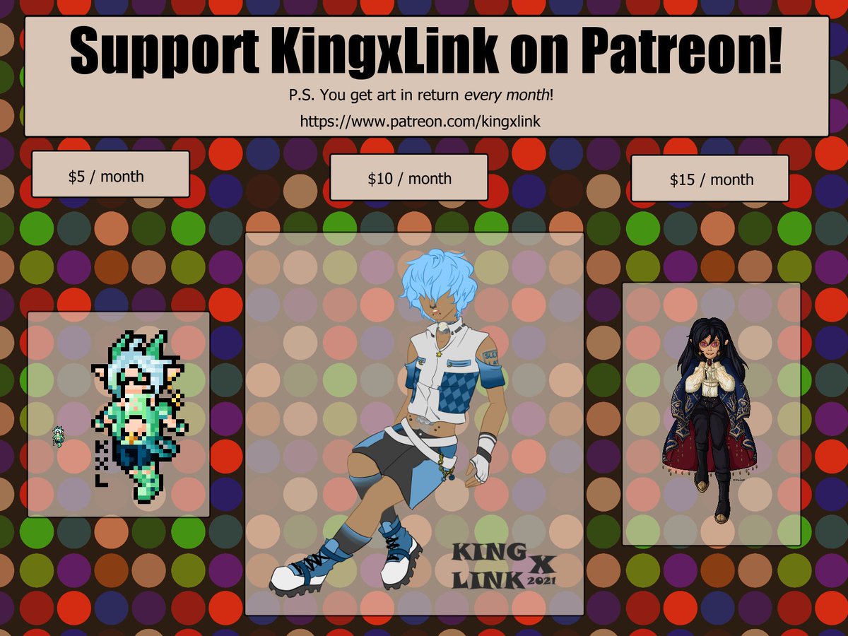 kingxlink's tweet photo. Friendly reminder that I have a Patreon! I tend to update it way more often than Twitter, AND you get art just for supporting me each month!

Below are just a few of the tiers available with example pieces! Even if you can't support, please share! <3

https://t.co/XEPTLZ4A9d https://t.co/L822AkumDn