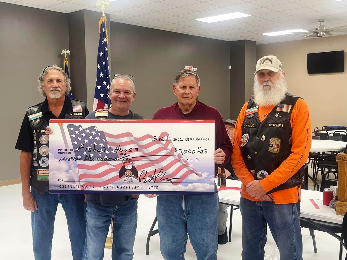 A BIG thank you to the American Legion Riders Post 5 out of Jefferson City for their wonderful donation for the construction and support of "our" Fisher House.  You all are AWESOME!!
