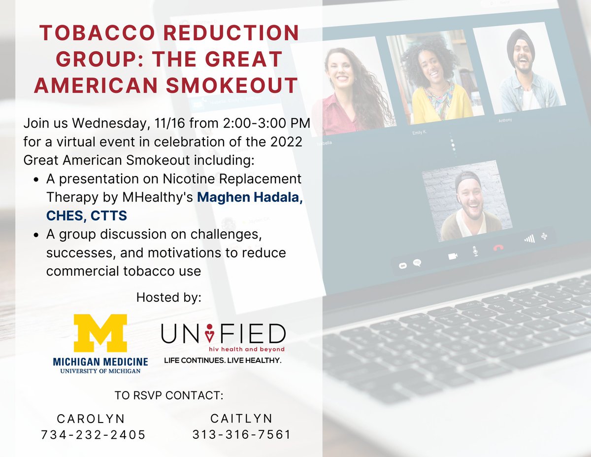 miunified's tweet photo. Join us for a virtual celebration of the 2022 Great American Smokeout! Activities will include a presentation on Nicotine Replacement Therapy and discussion on challenges, success and motivations to reduce tobacco use. RSVP Today! #GreatAmericanSmokeout #tobaccofree #health https://t.co/clfZXTnGKl